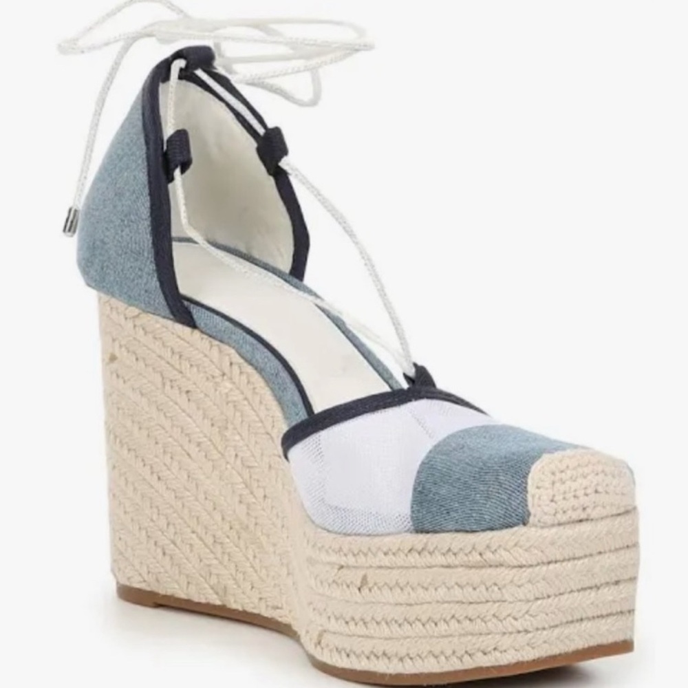 Women's Blue and White Espadrille Wedge Sandals